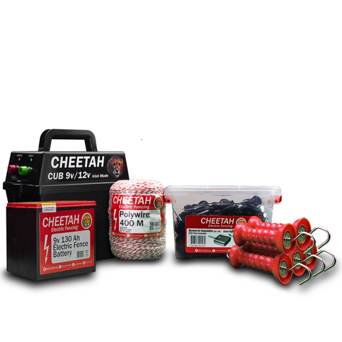 (NEW) STRIP GRAZING KIT - (CUB FENCER + 400M POLYWIRE + 5PK GATE HANDLES + BUCKET OF SCREW IN INSULATORS)